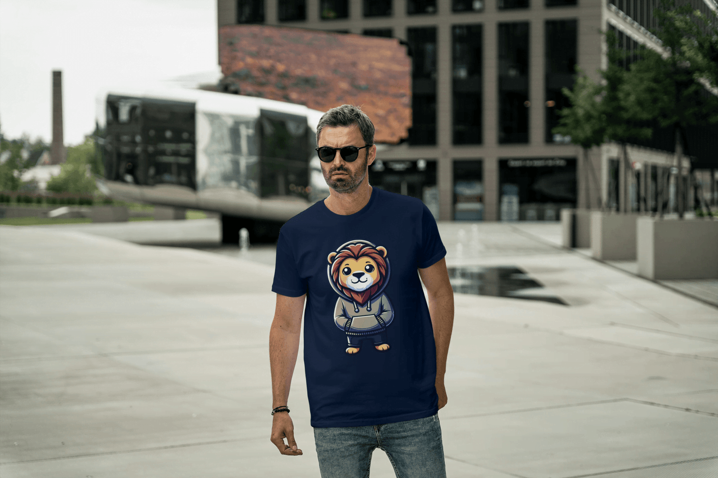 Cute Lion Wearing Hoodie: Adorable Animal Graphic Tee - Essentia Attire