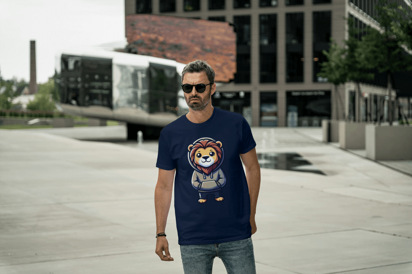 Cute Lion Wearing Hoodie: Adorable Animal Graphic Tee - Essentia Attire