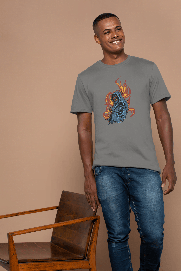 Grim Reaper Skull Flame: Mysterious Hooded Figure Tee - Essentia Attire