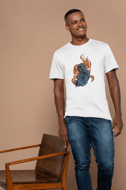 Grim Reaper Skull Flame: Mysterious Hooded Figure Tee - Essentia Attire