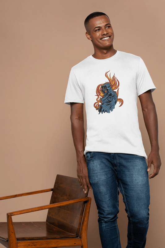 Grim Reaper Skull Flame: Mysterious Hooded Figure Tee - Essentia Attire