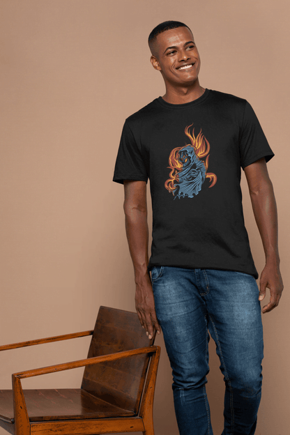Grim Reaper Skull Flame: Mysterious Hooded Figure Tee - Essentia Attire