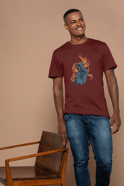 Grim Reaper Skull Flame: Mysterious Hooded Figure Tee - Essentia Attire