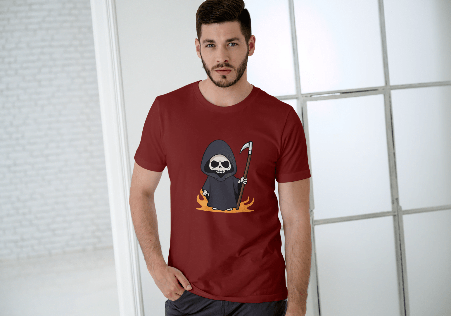 Cute Grim Reaper: Cartoon Skull Scythe Tee - Essentia Attire