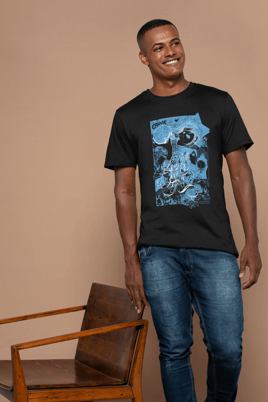 Abstract Skull Crash: Blue Grunge Comic Tee - Essentia Attire