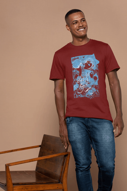 Abstract Skull Crash: Blue Grunge Comic Tee - Essentia Attire