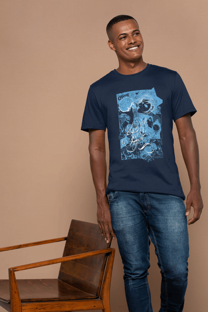 Abstract Skull Crash: Blue Grunge Comic Tee - Essentia Attire