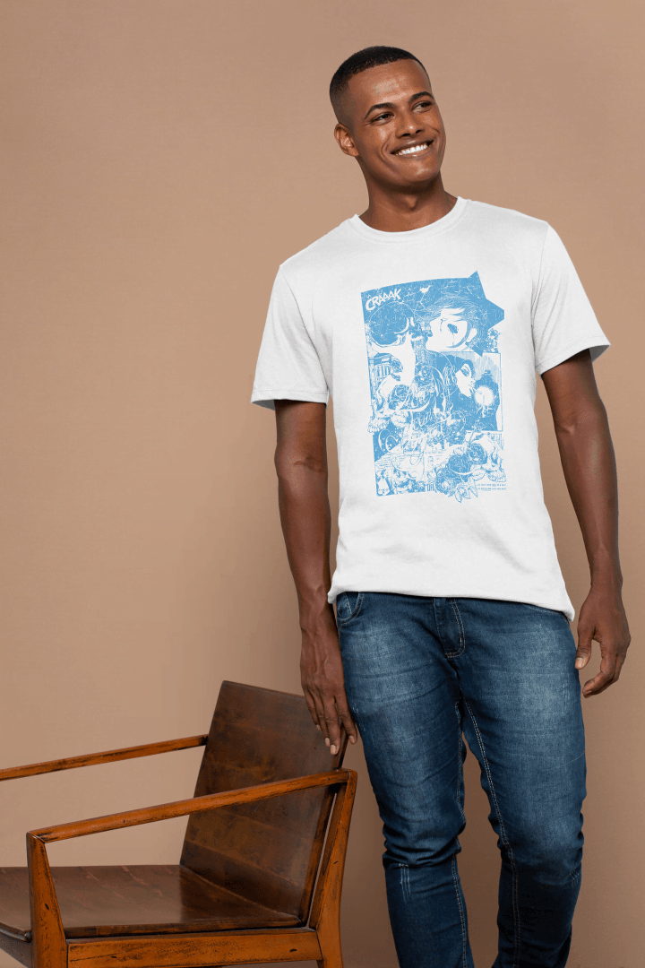 Abstract Skull Crash: Blue Grunge Comic Tee - Essentia Attire