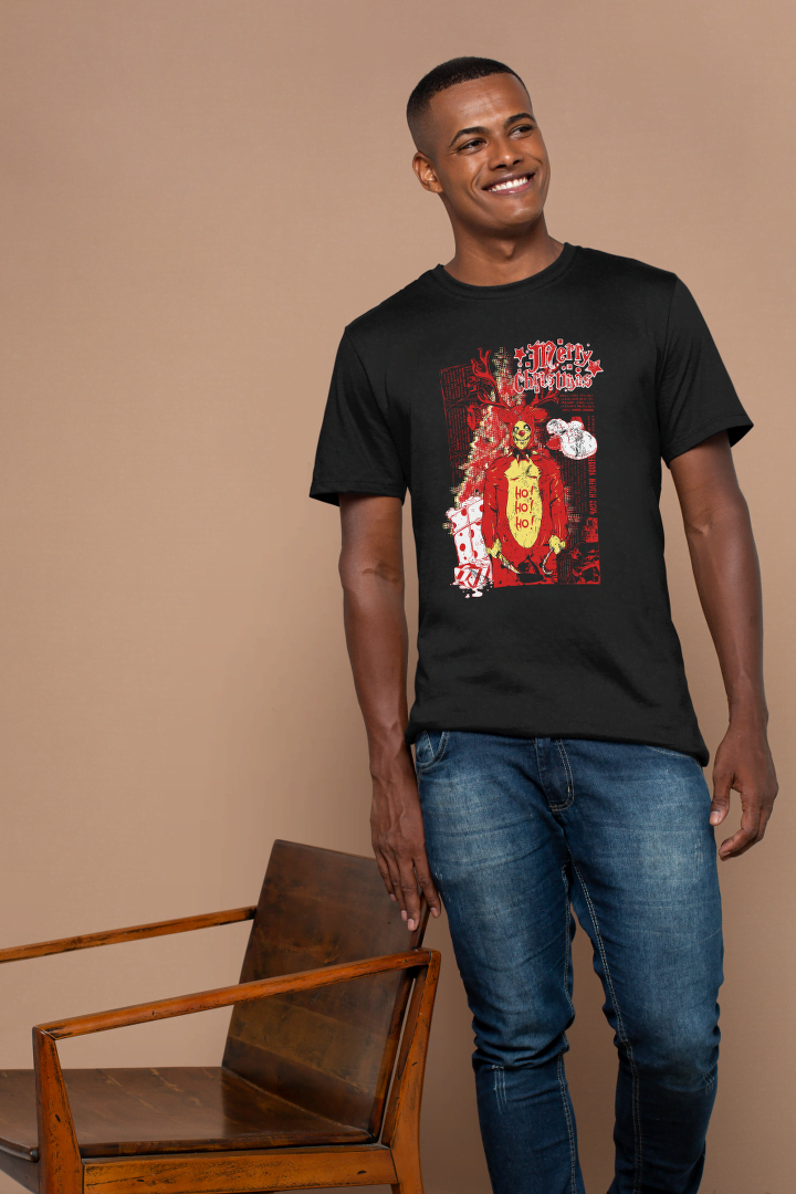 Grim Reindeer "Merry Christmas" Skull: Edgy Holiday Tee - Essentia Attire