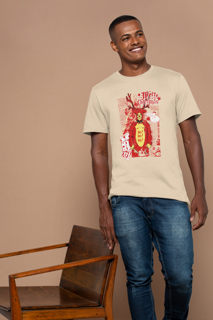 Grim Reindeer "Merry Christmas" Skull: Edgy Holiday Tee - Essentia Attire