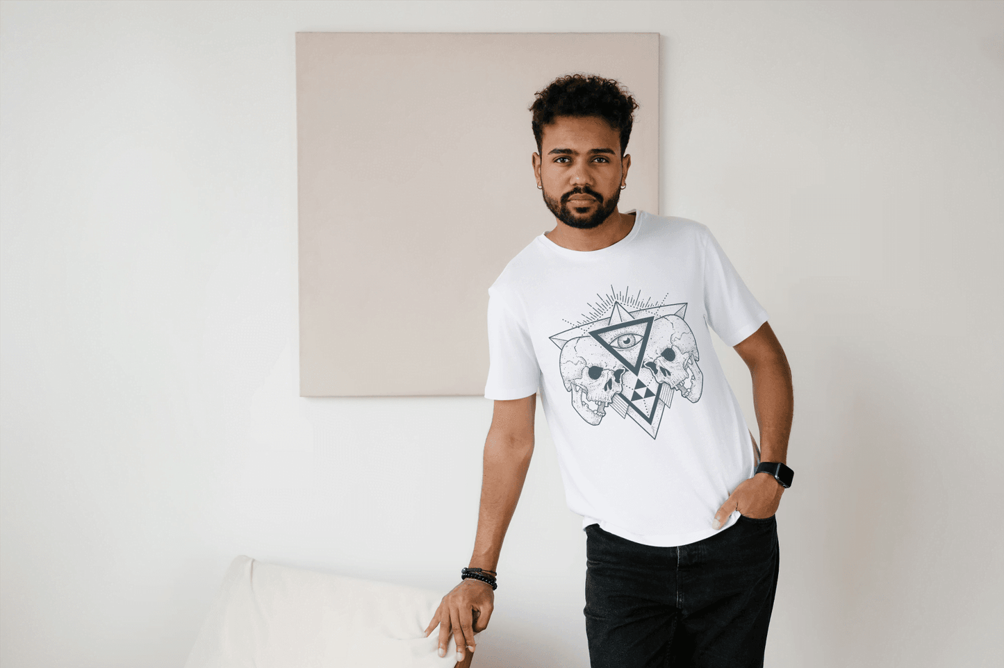 Cosmic Skulls with Eye of Providence: Spiritual Mortality Design Tee - Essentia Attire