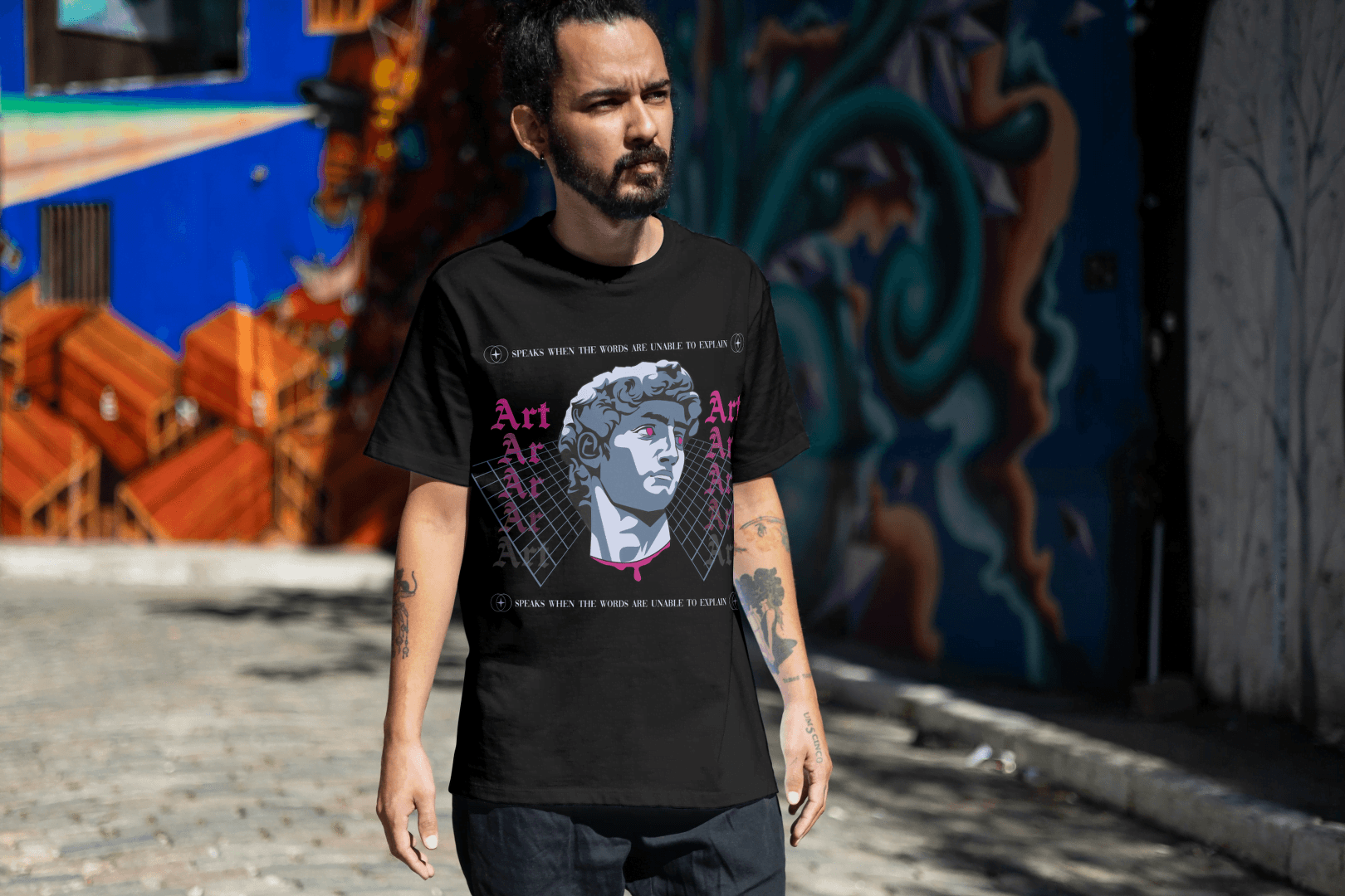Art Speaks Graphic Tee: Classical Bust Cyberpunk - Essentia Attire
