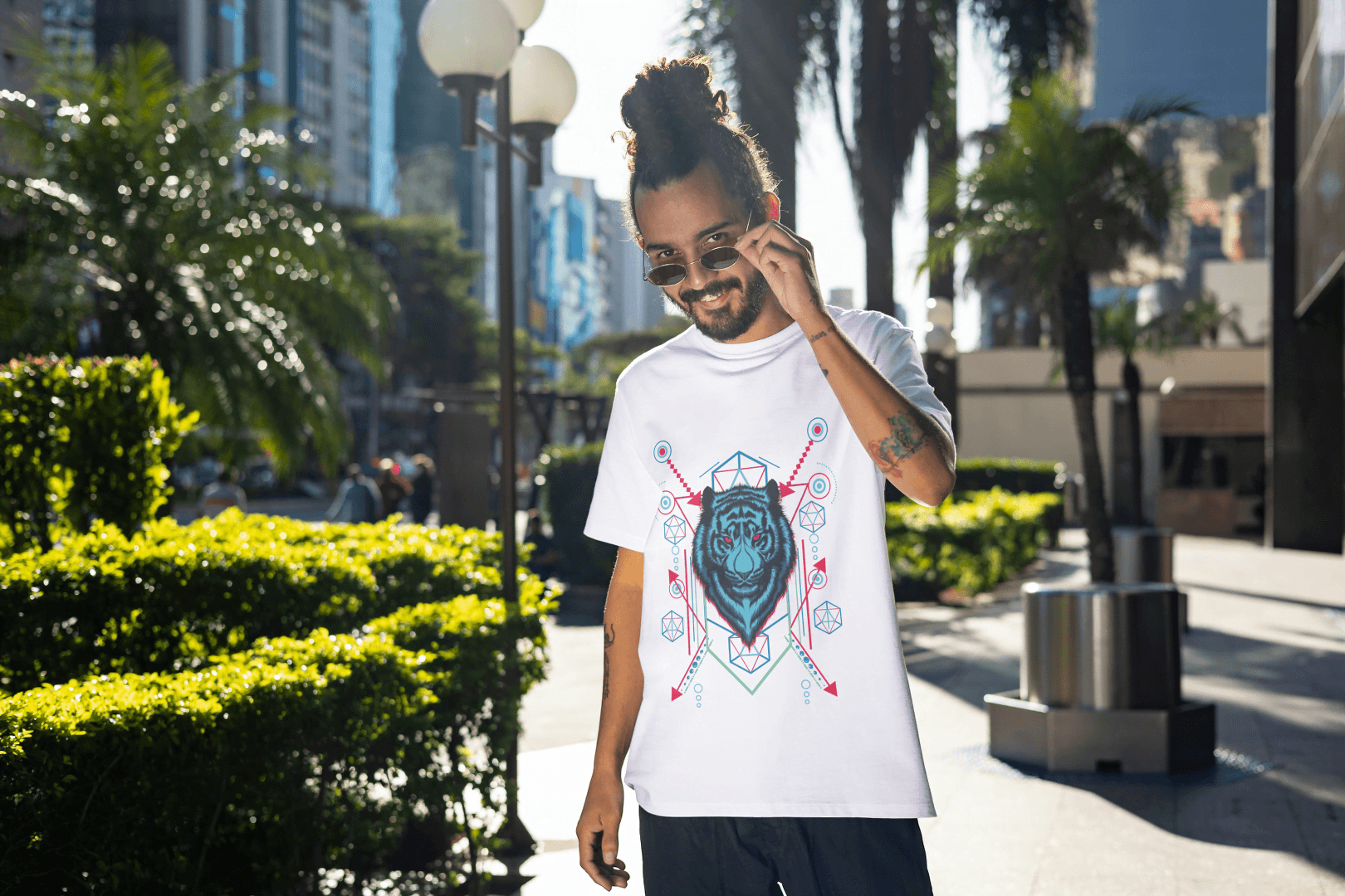 Geometric Tiger Head Graphic T-Shirt - Abstract Animal Design Tee - Essentia Attire