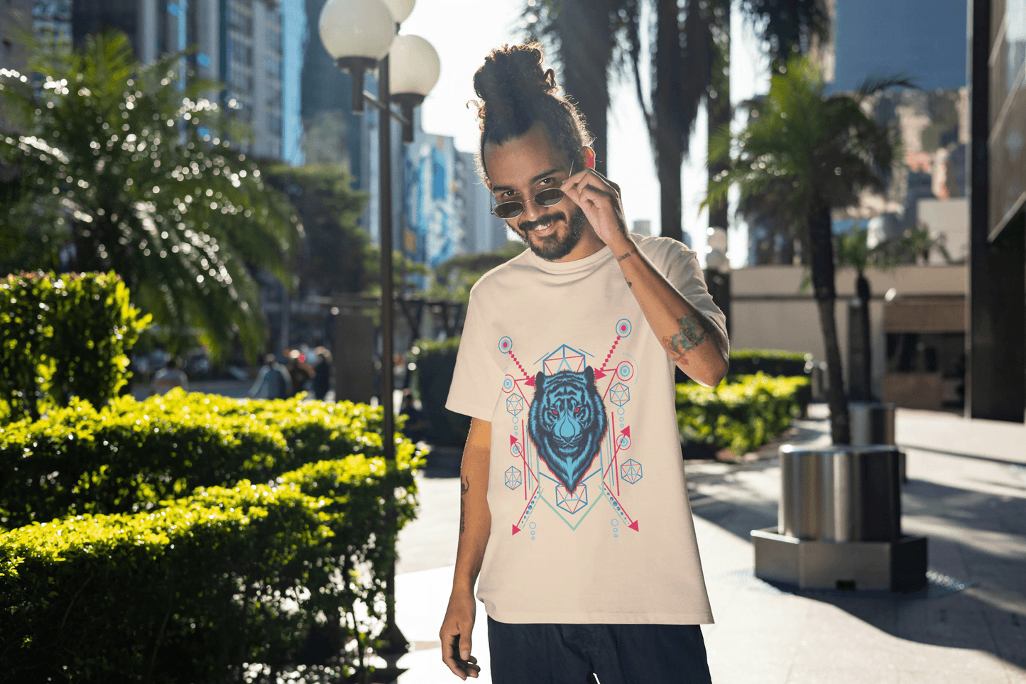 Geometric Tiger Head Graphic T-Shirt - Abstract Animal Design Tee - Essentia Attire