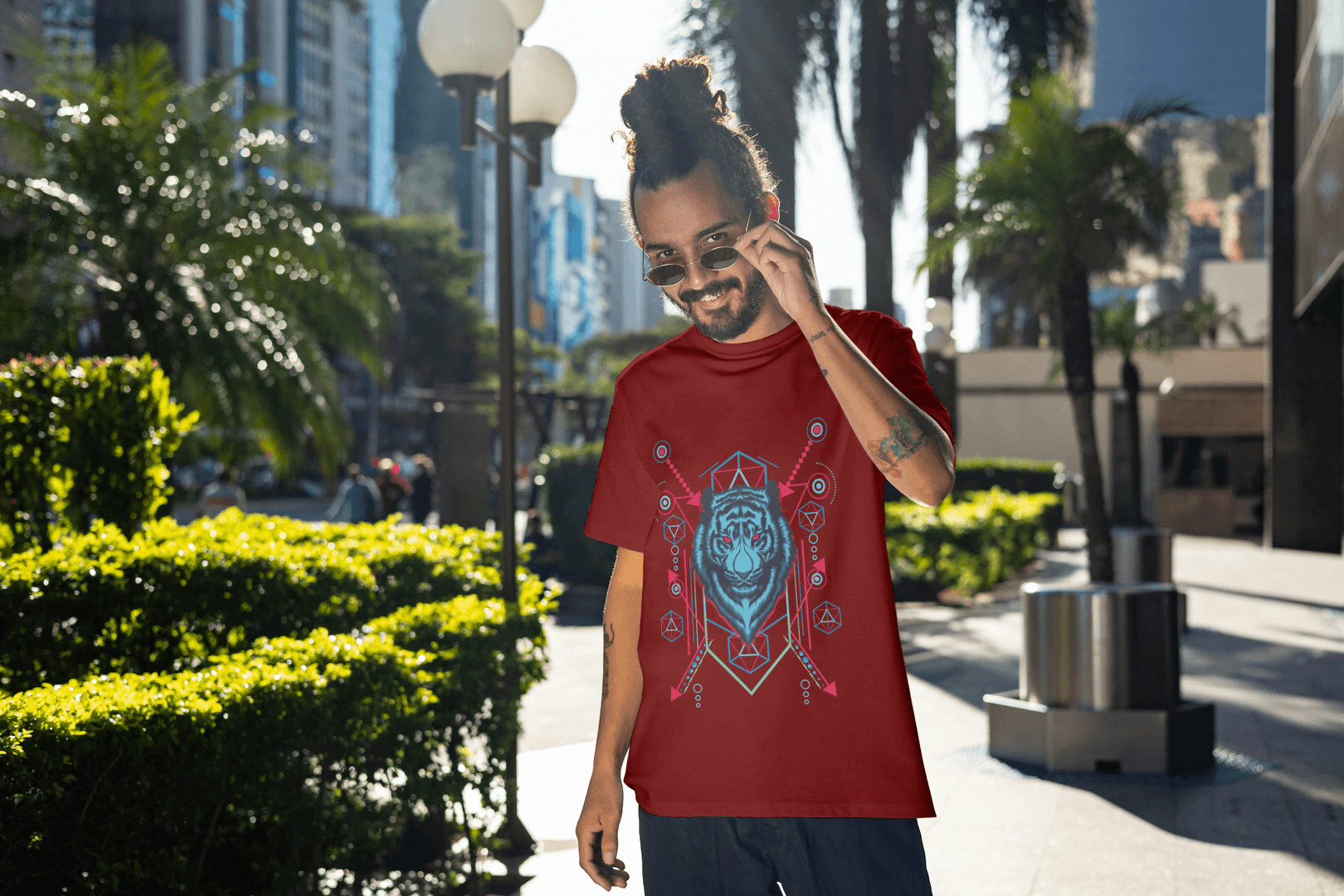 Geometric Tiger Head Graphic T-Shirt - Abstract Animal Design Tee - Essentia Attire