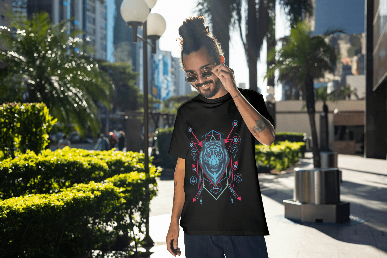 Geometric Tiger Head Graphic T-Shirt - Abstract Animal Design Tee - Essentia Attire