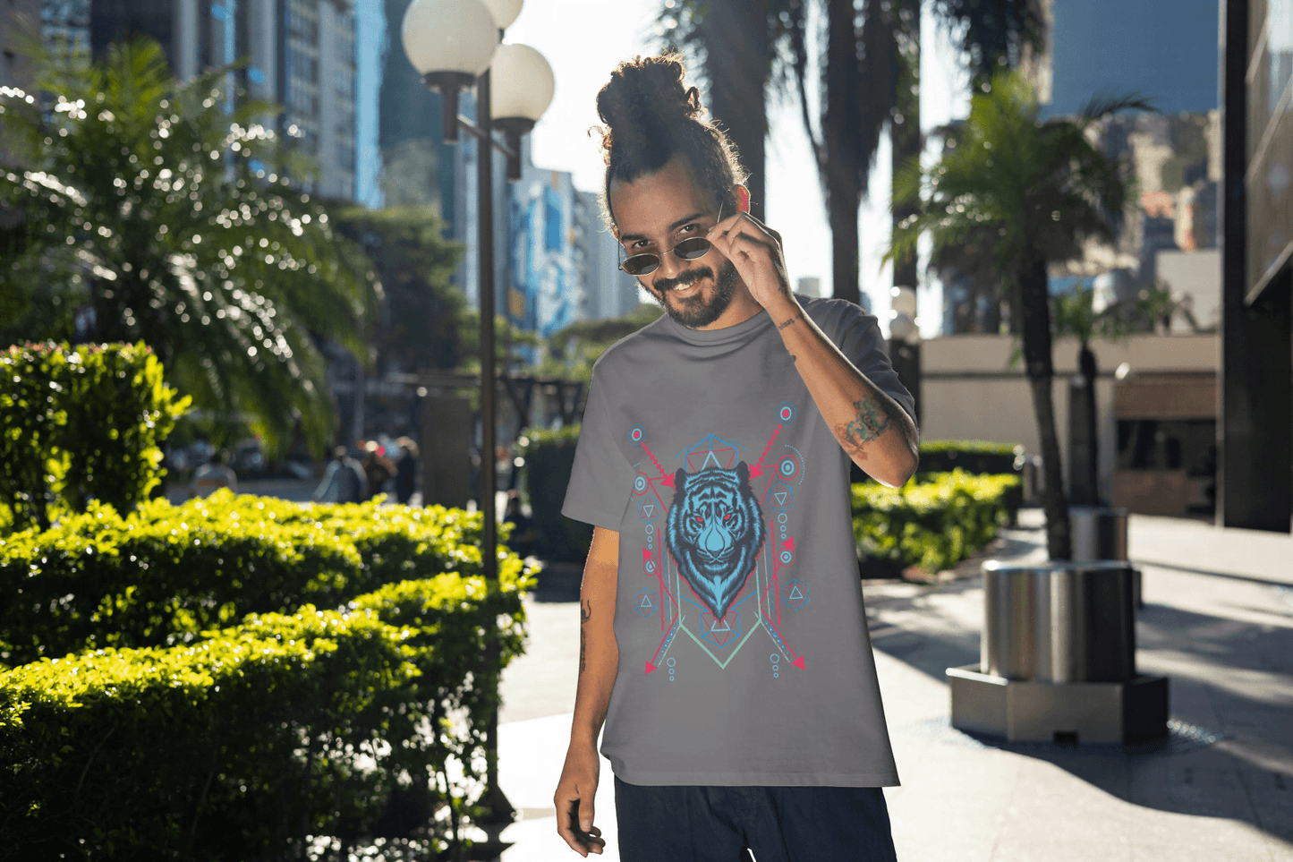 Geometric Tiger Head Graphic T-Shirt - Abstract Animal Design Tee - Essentia Attire