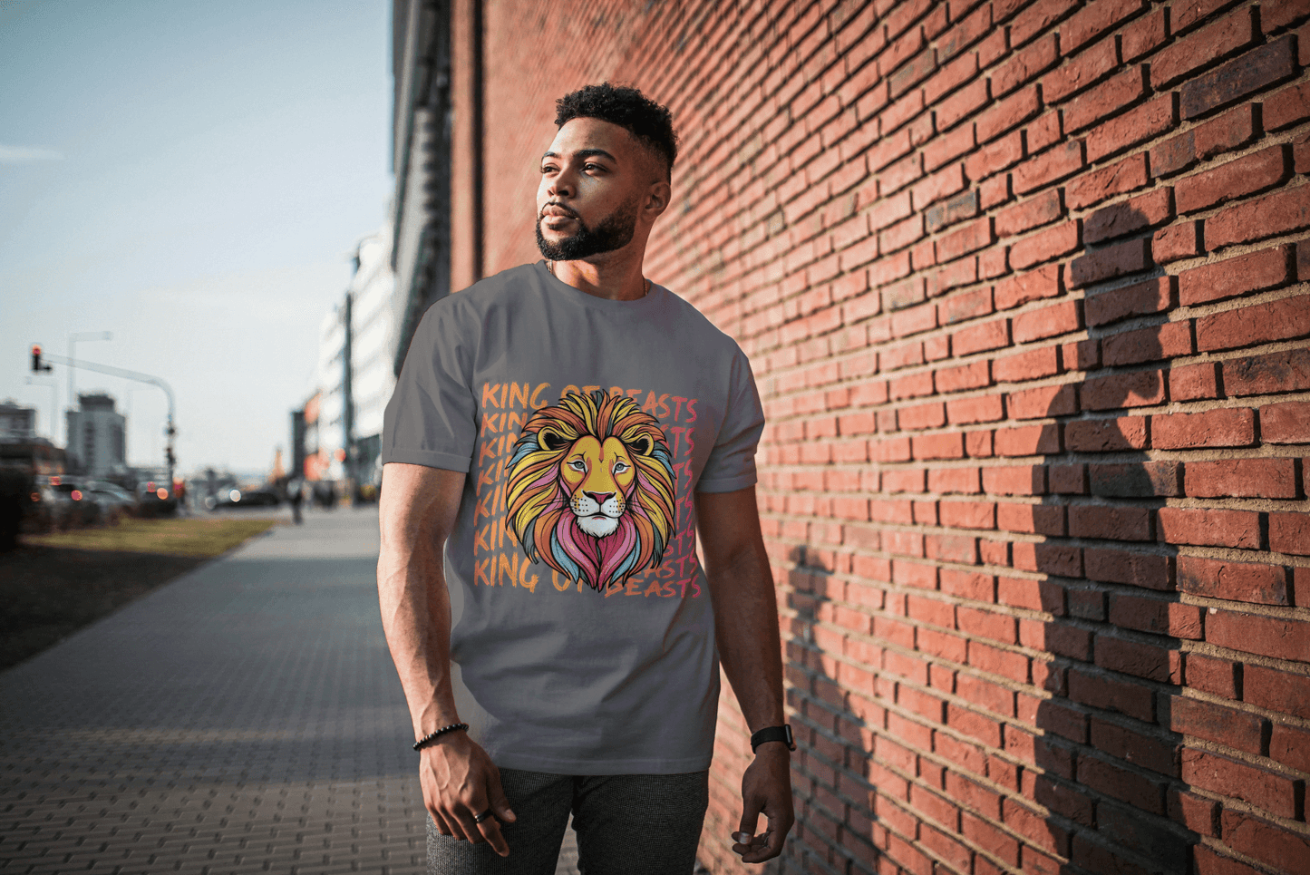 Colorful King of Beasts: Vibrant Lion Graphic Tee - Essentia Attire