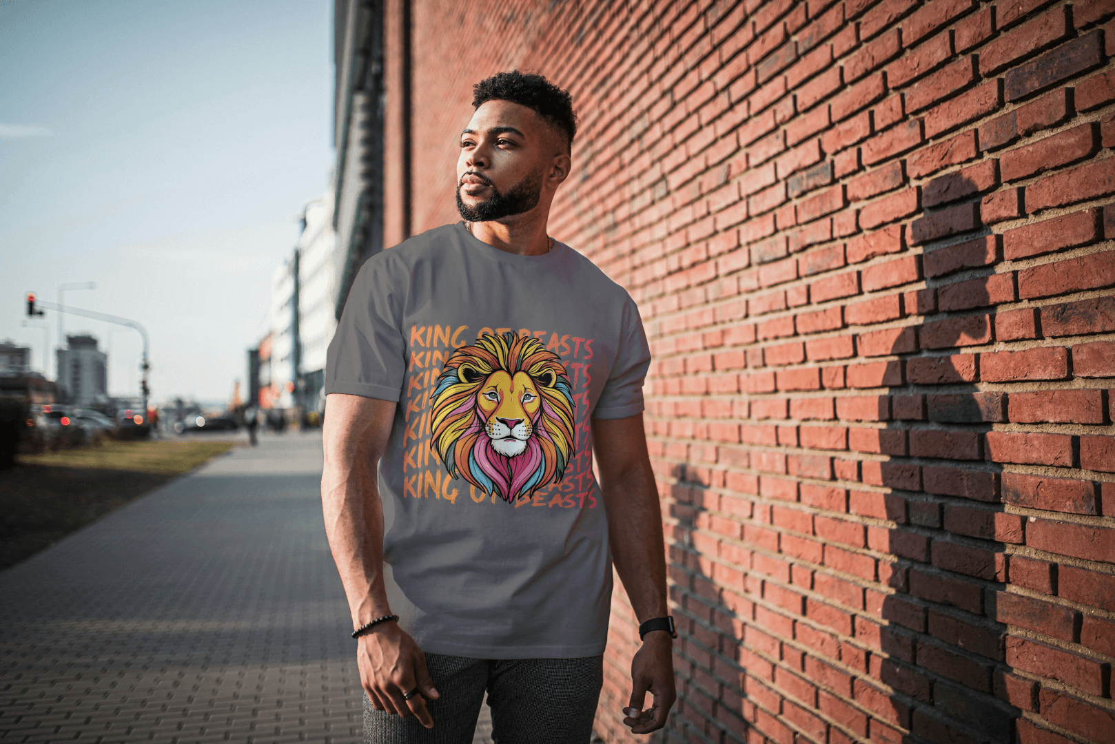 Colorful King of Beasts: Vibrant Lion Graphic Tee - Essentia Attire
