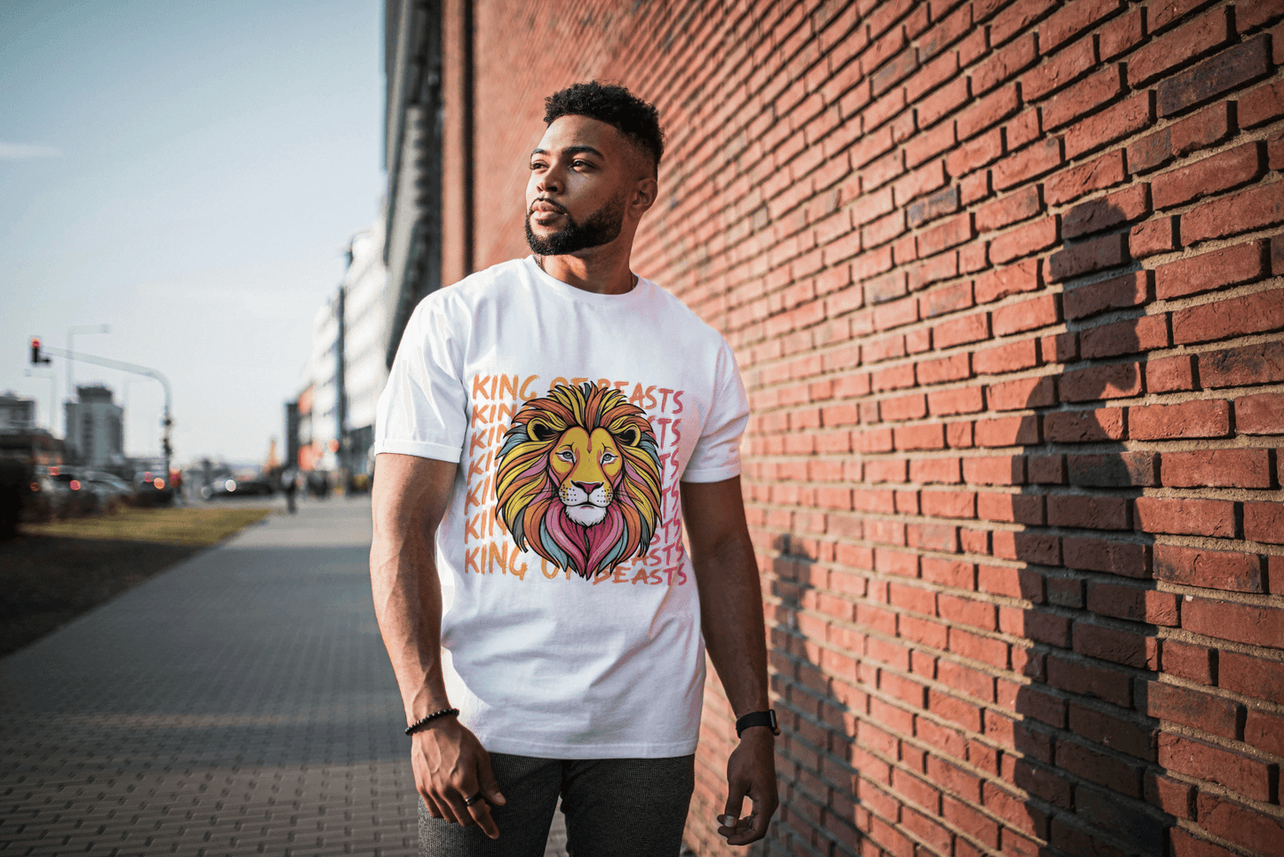 Colorful King of Beasts: Vibrant Lion Graphic Tee - Essentia Attire