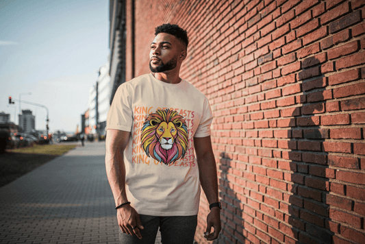 Colorful King of Beasts: Vibrant Lion Graphic Tee - Essentia Attire