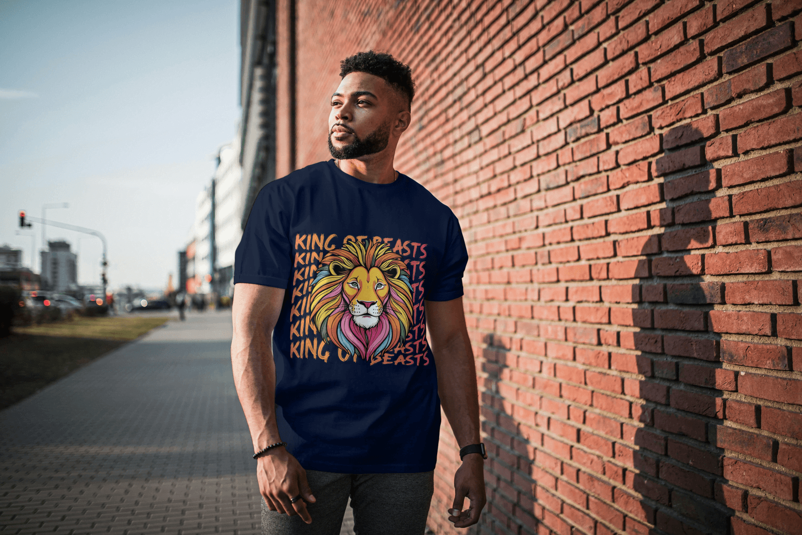 Colorful King of Beasts: Vibrant Lion Graphic Tee - Essentia Attire