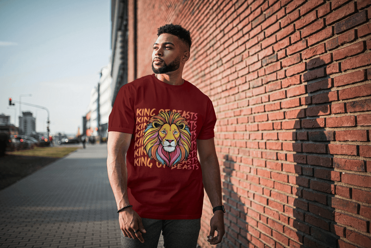 Colorful King of Beasts: Vibrant Lion Graphic Tee - Essentia Attire