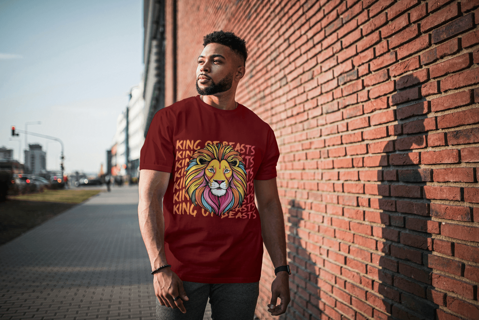 Colorful King of Beasts: Vibrant Lion Graphic Tee - Essentia Attire