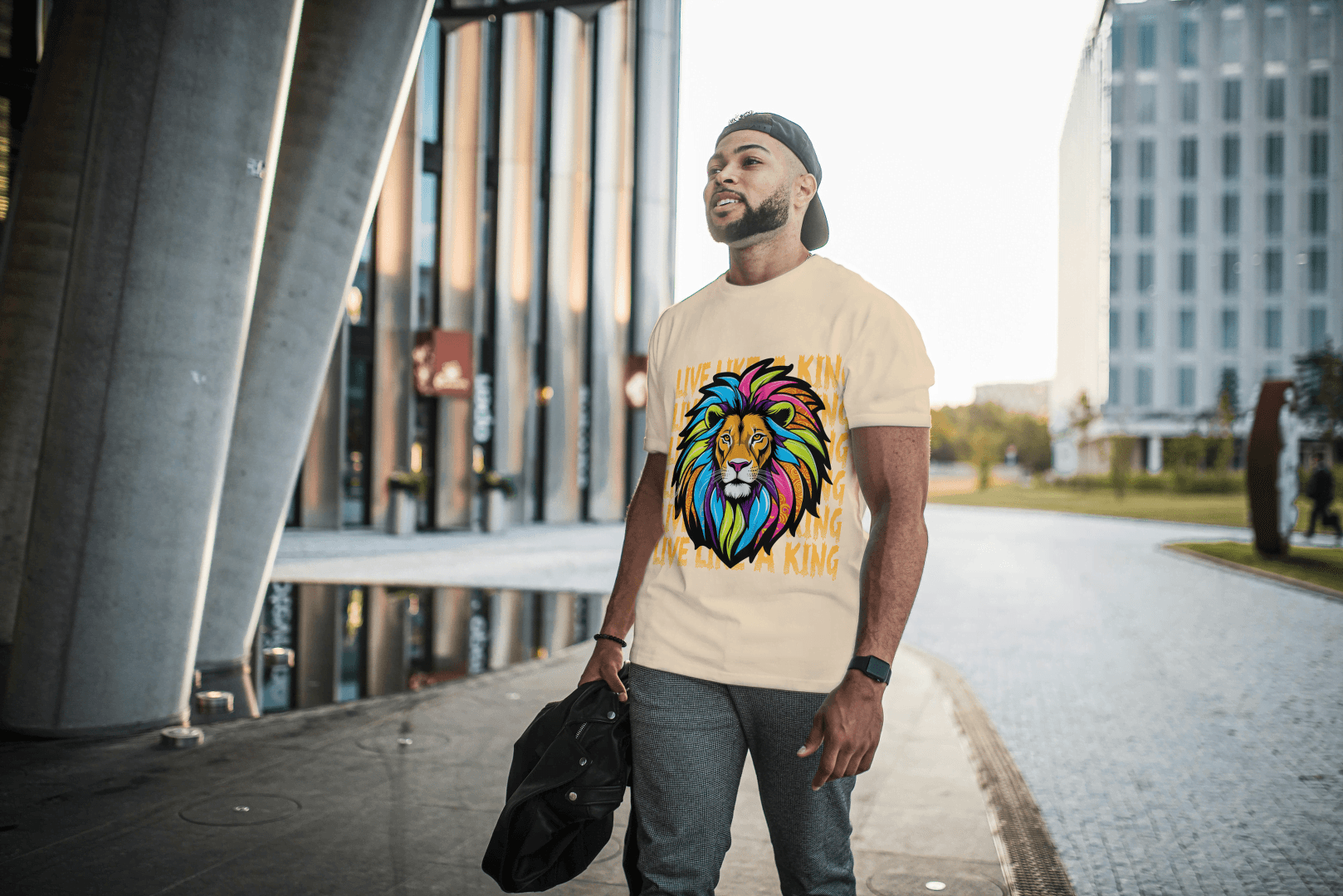Colorful Lion Live Like A King: Vibrant Graphic Tee - Essentia Attire