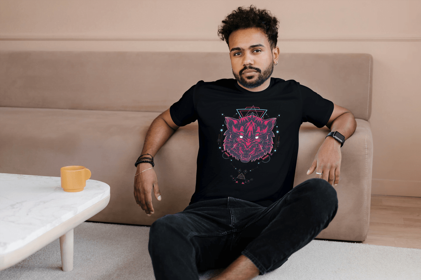 Geometric Wolf Head: Cyber Wolf Graphic Tee - Essentia Attire