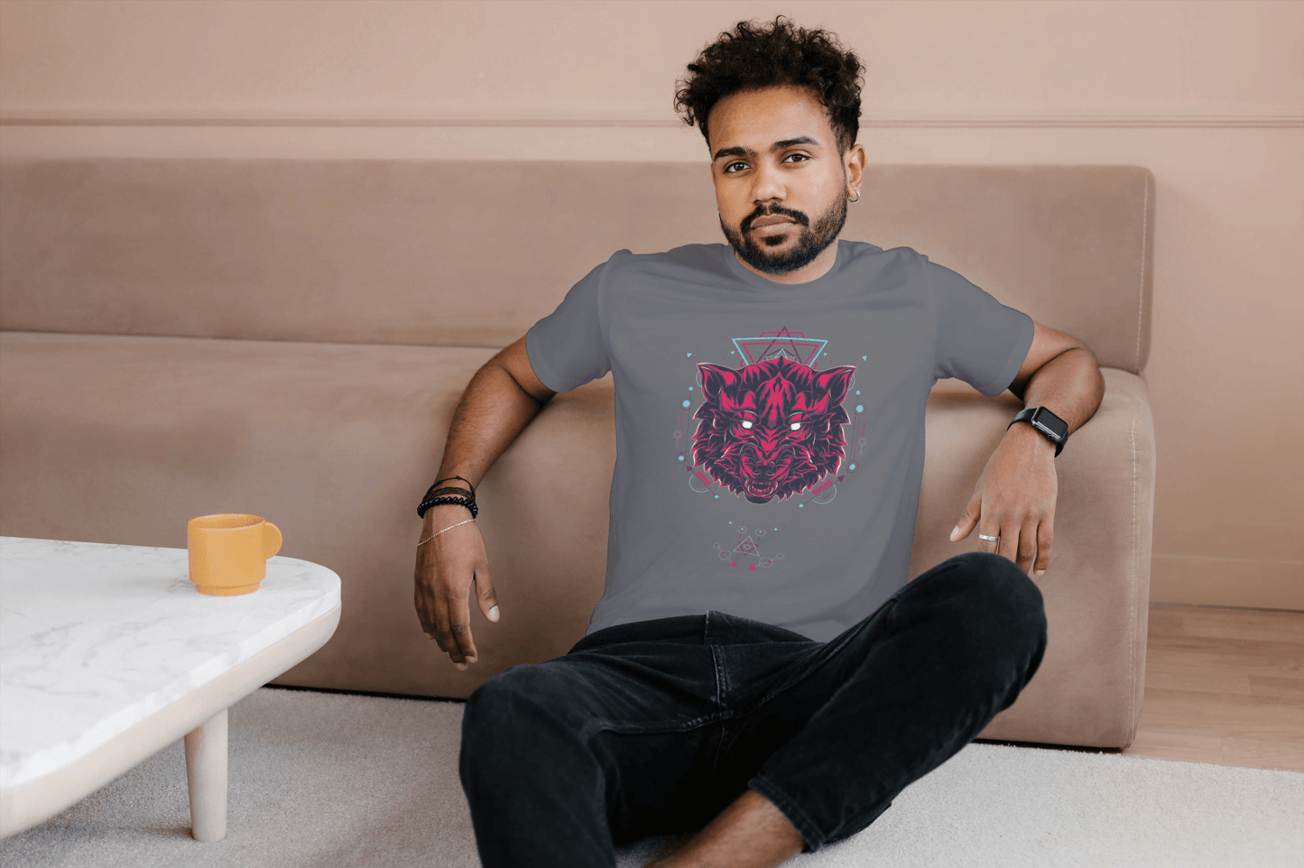Geometric Wolf Head: Cyber Wolf Graphic Tee - Essentia Attire