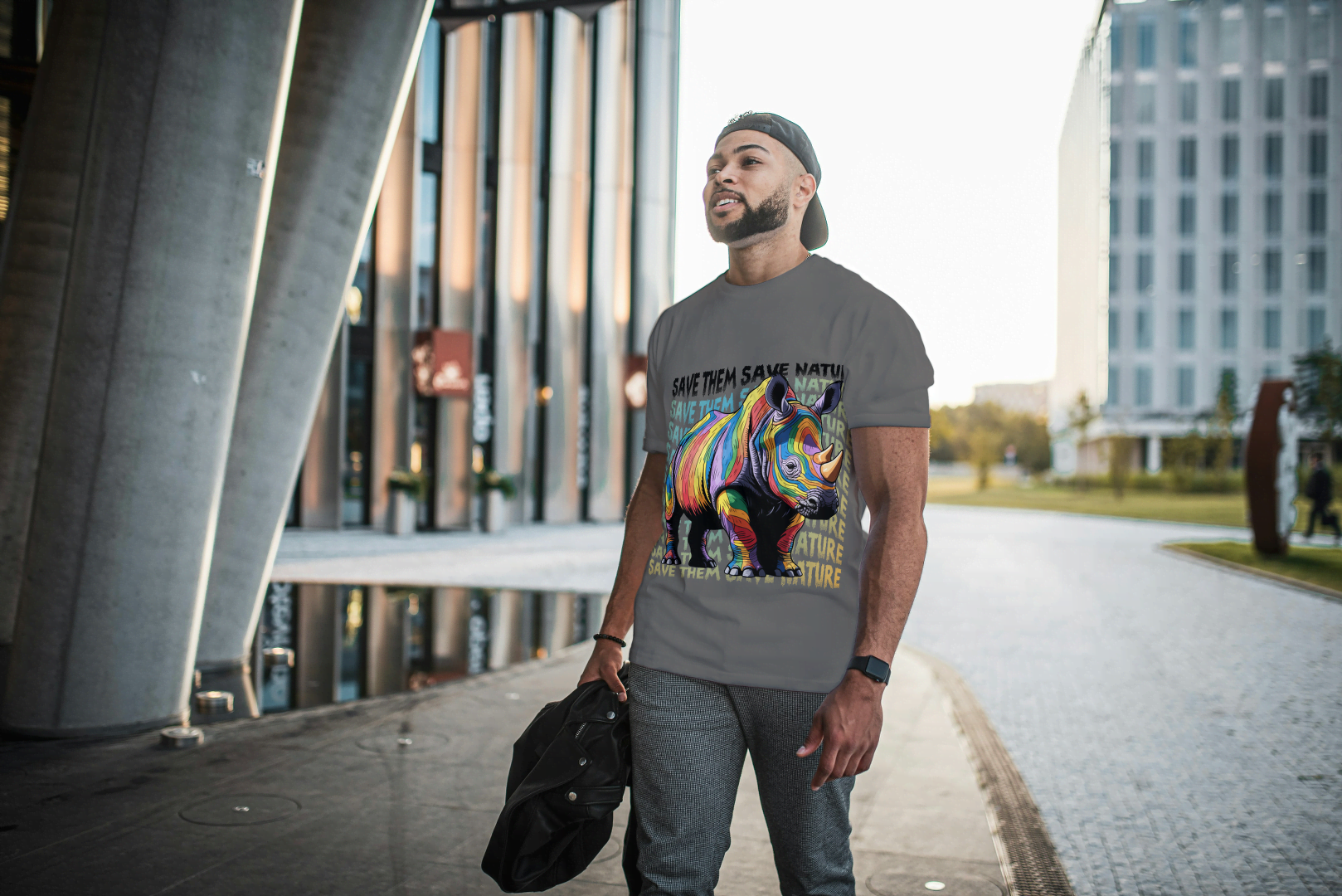 Colorful Rhino Conservation: "Save Them Save Nature" Graphic Tee - Essentia Attire