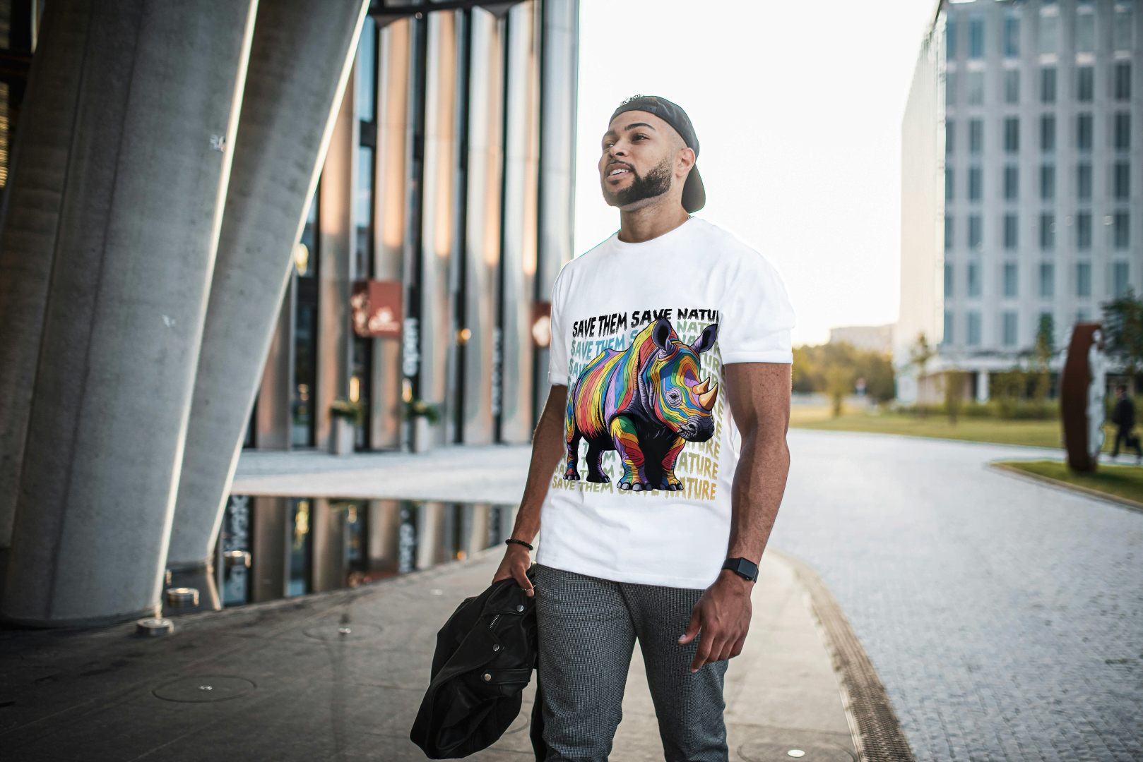 Colorful Rhino Conservation: "Save Them Save Nature" Graphic Tee - Essentia Attire