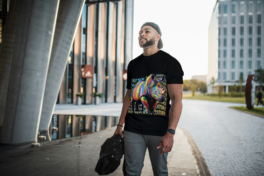 Colorful Rhino Conservation: "Save Them Save Nature" Graphic Tee - Essentia Attire