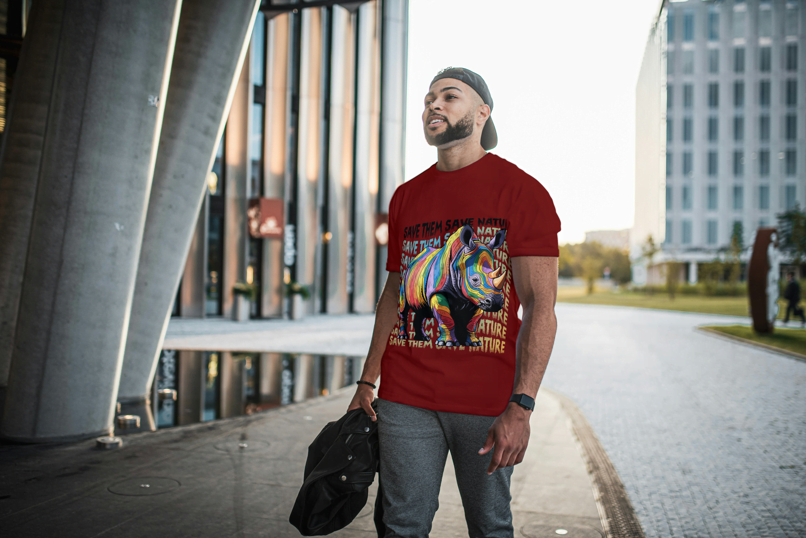 Colorful Rhino Conservation: "Save Them Save Nature" Graphic Tee - Essentia Attire