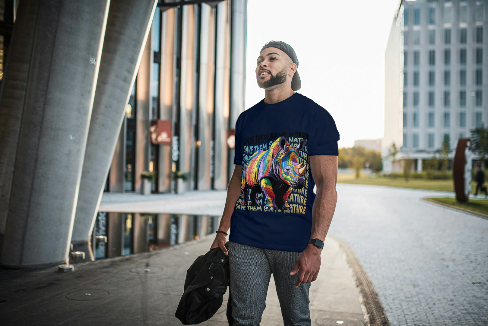 Colorful Rhino Conservation: "Save Them Save Nature" Graphic Tee - Essentia Attire