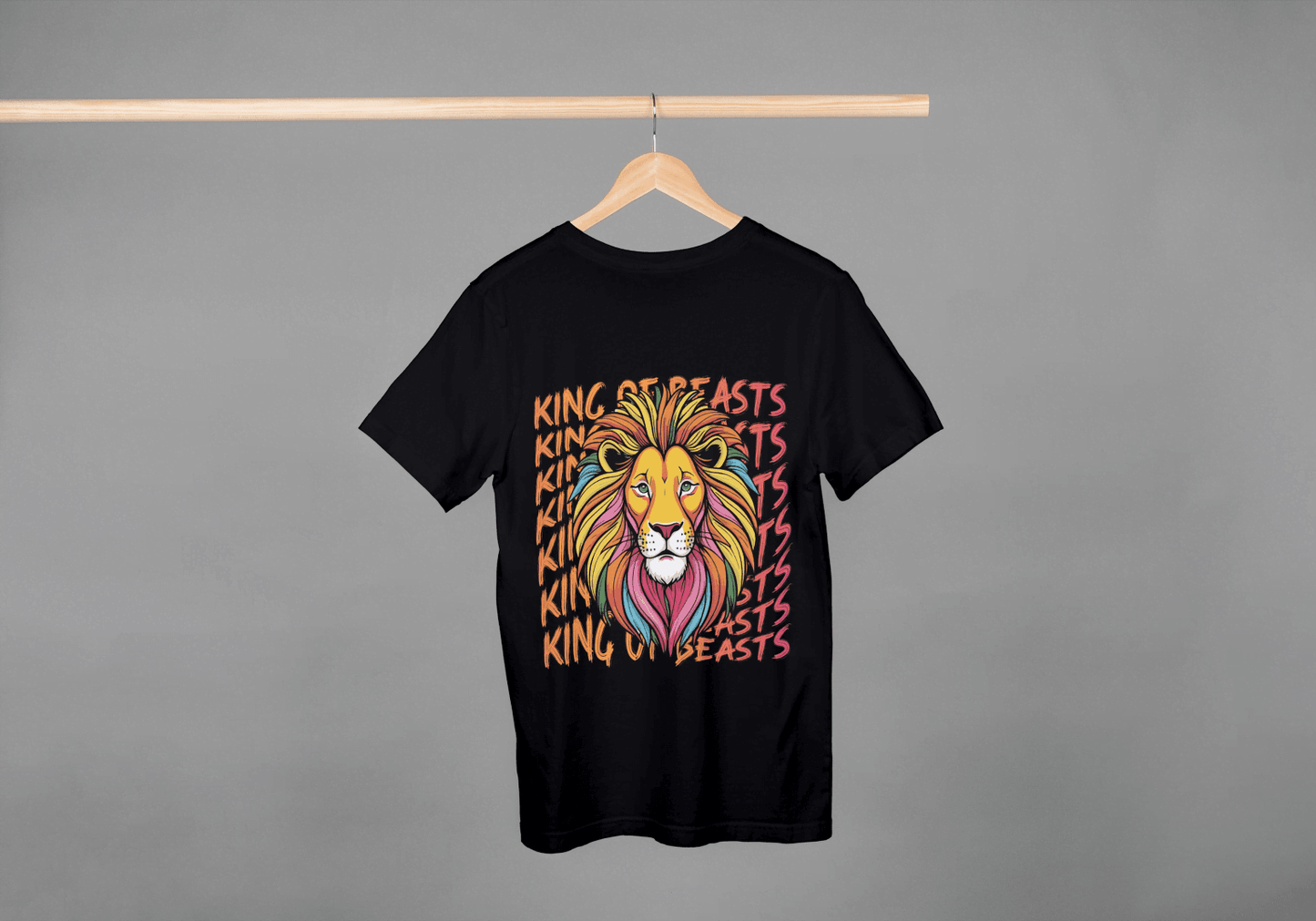 Colorful King of Beasts: Vibrant Lion Graphic Tee - Essentia Attire