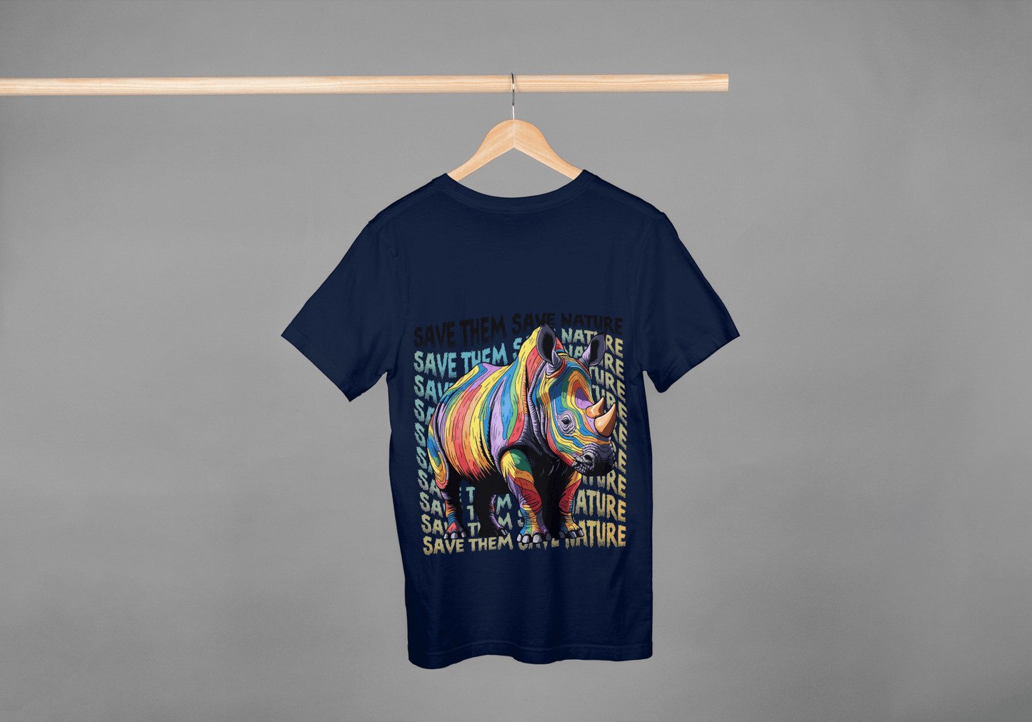 Colorful Rhino Conservation: "Save Them Save Nature" Graphic Tee - Essentia Attire