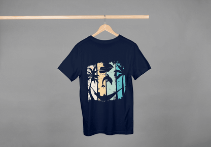 Tropical Sunset Beach: Dolphin Palm Tree Graphic Tee - Essentia Attire