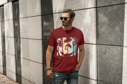 Tropical Sunset Beach: Dolphin Palm Tree Graphic Tee - Essentia Attire