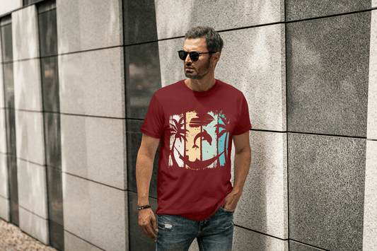 Tropical Sunset Beach: Dolphin Palm Tree Graphic Tee - Essentia Attire
