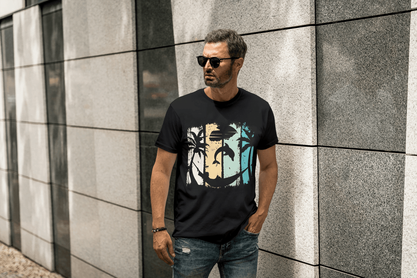 Tropical Sunset Beach: Dolphin Palm Tree Graphic Tee - Essentia Attire