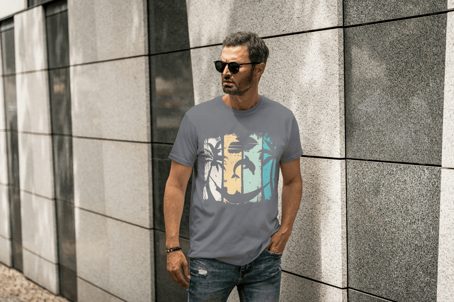 Tropical Sunset Beach: Dolphin Palm Tree Graphic Tee - Essentia Attire
