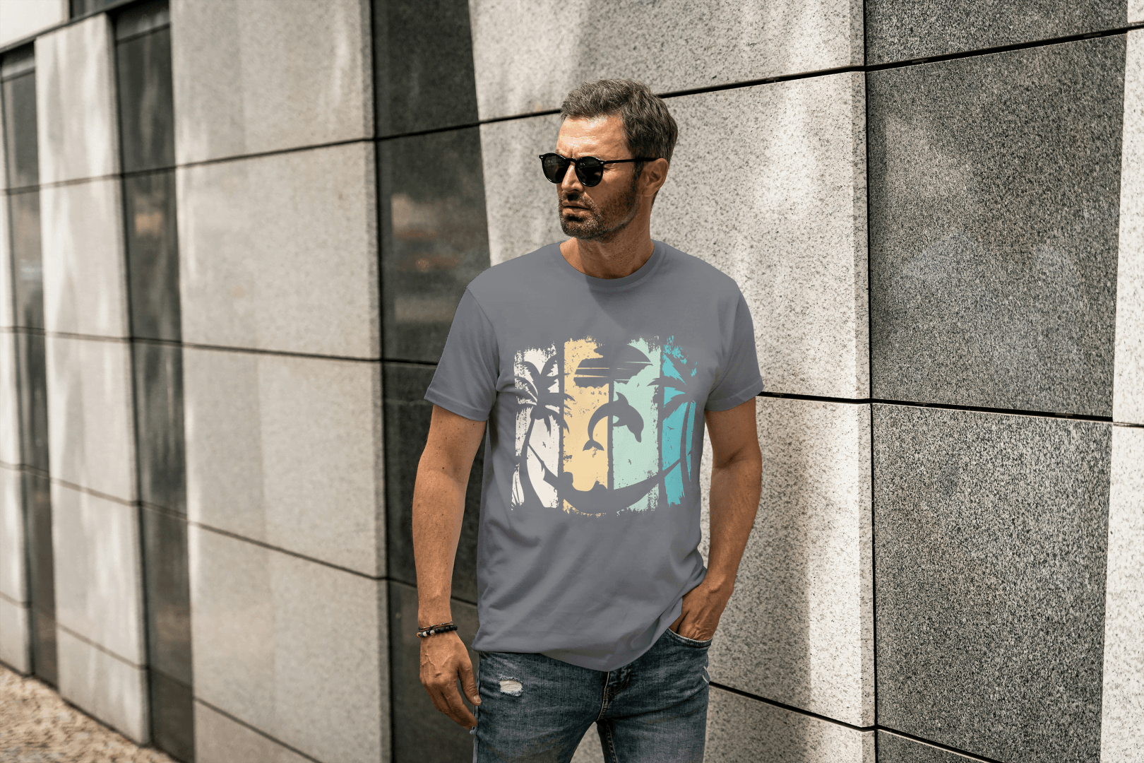 Tropical Sunset Beach: Dolphin Palm Tree Graphic Tee - Essentia Attire