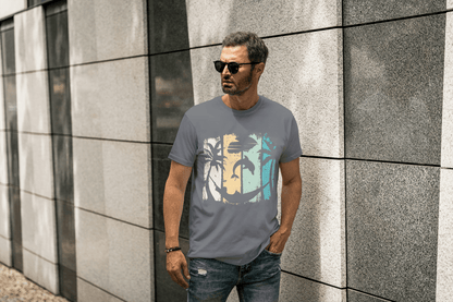 Tropical Sunset Beach: Dolphin Palm Tree Graphic Tee - Essentia Attire