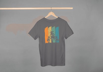 Tropical Palm Tree Stripes: Abstract Sunset Beach Tee - Essentia Attire