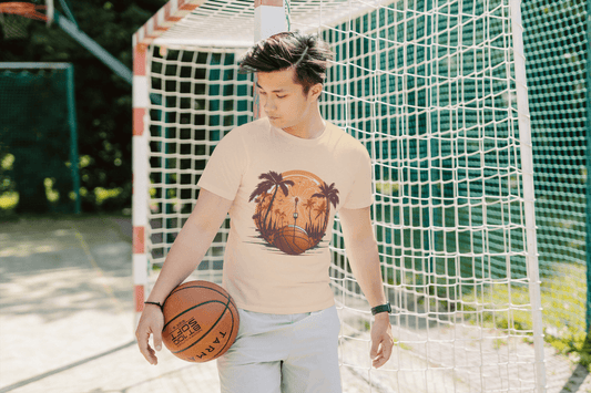 Basketball Sunset Graphic: Tropical Sports Tee - Essentia Attire