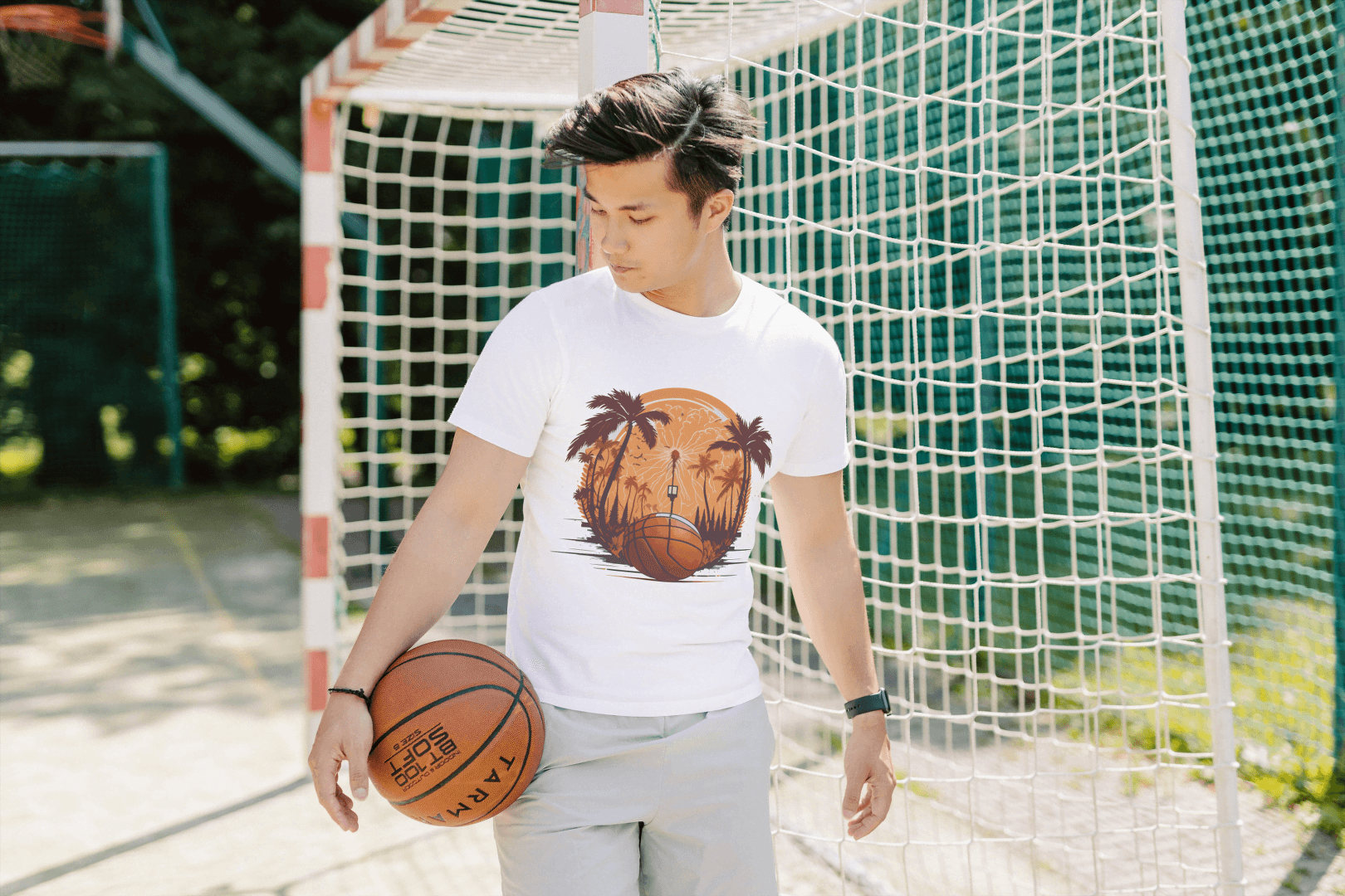 Basketball Sunset Graphic: Tropical Sports Tee - Essentia Attire