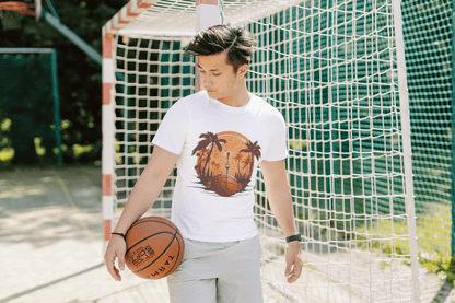 Basketball Sunset Graphic: Tropical Sports Tee - Essentia Attire