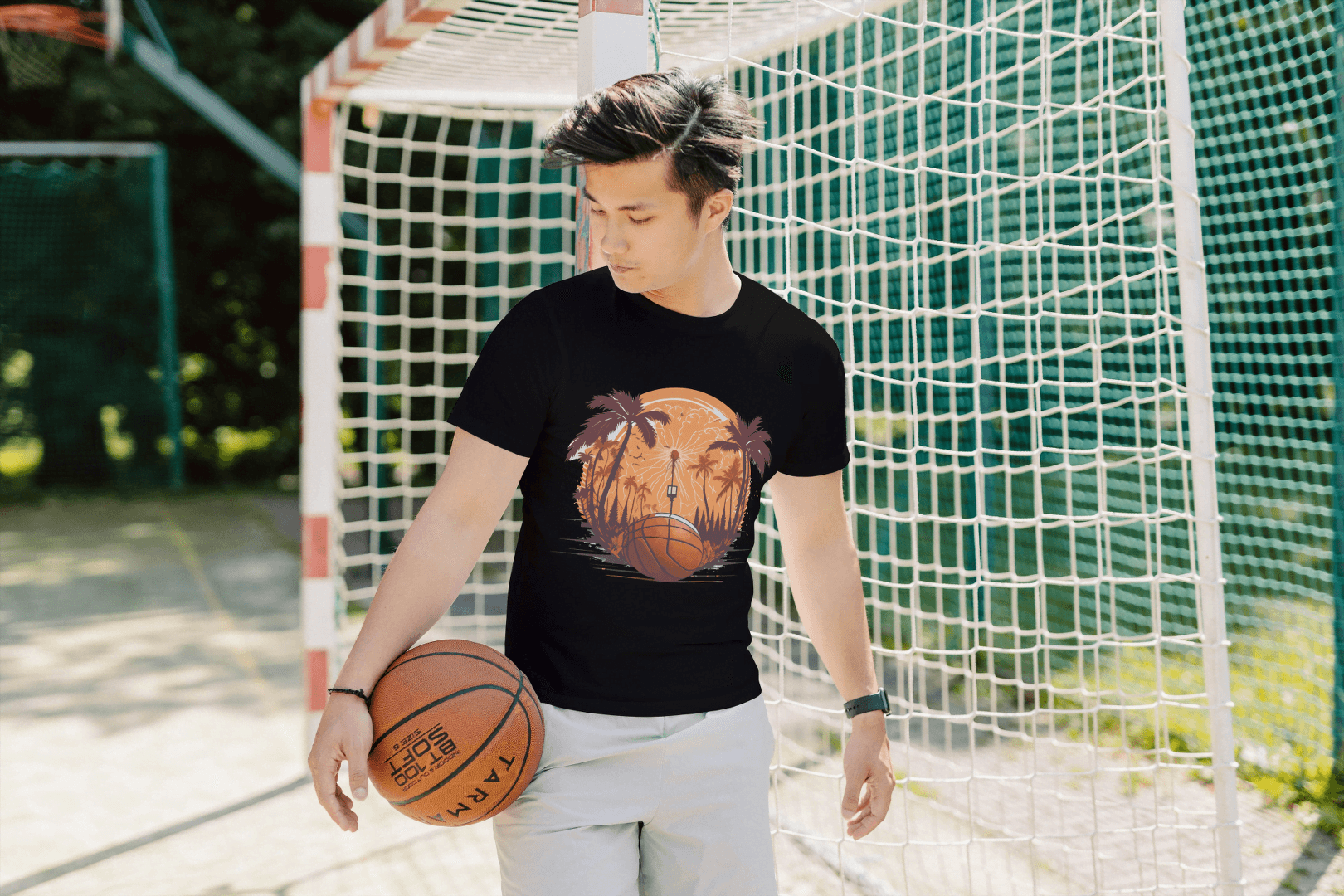Basketball Sunset Graphic: Tropical Sports Tee - Essentia Attire